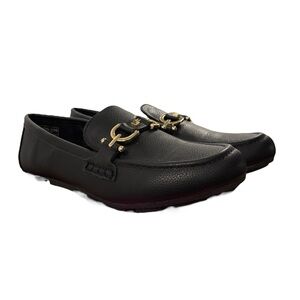 London Fog Mariel‎ 2 Black Leather Loafers Gold Hardware Women’s Sz 8.5
